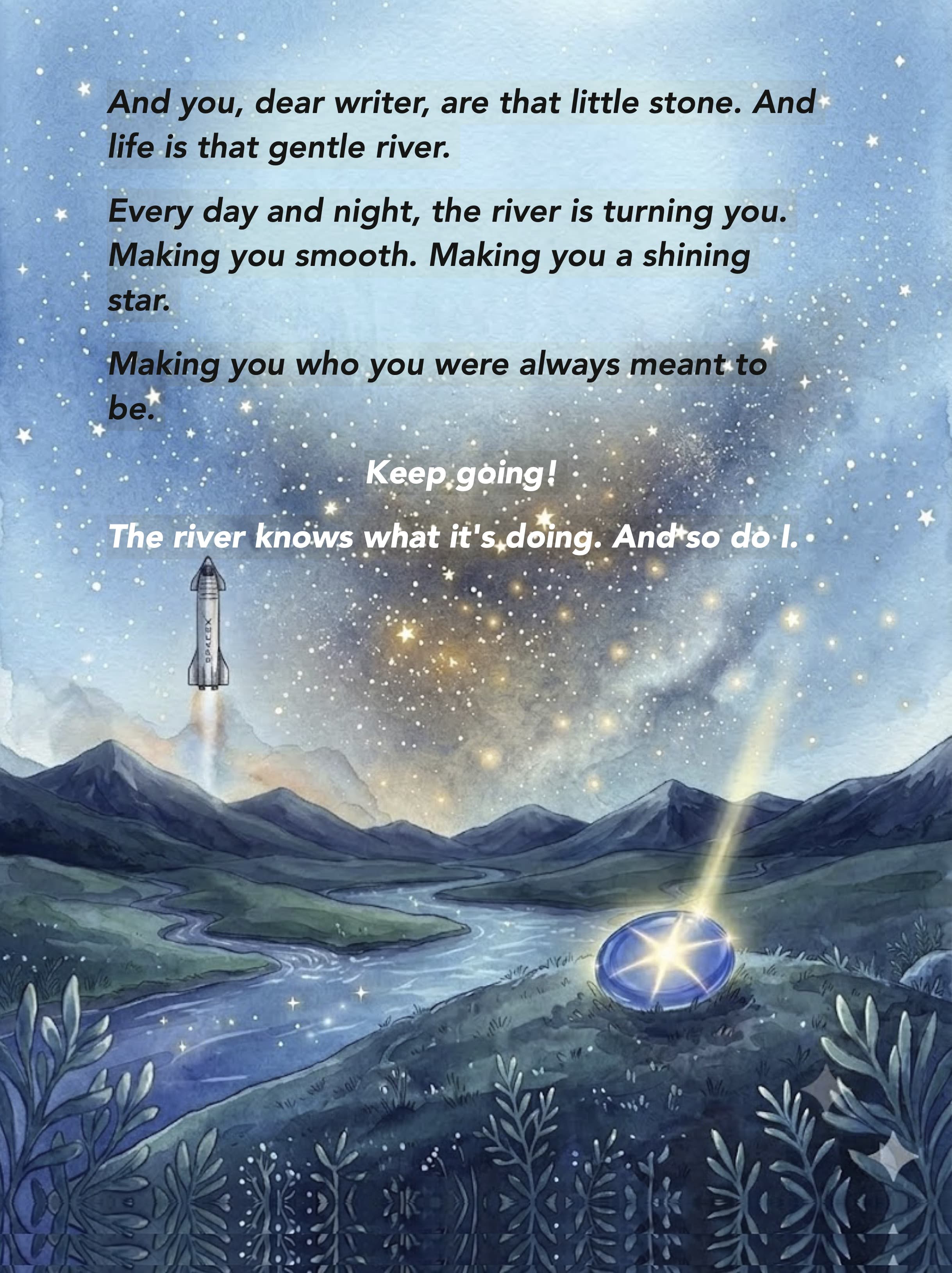 Rising Star journal back cover: a night valley, a rocket, and a glowing star stone. Keep going. The river knows what it's doing.