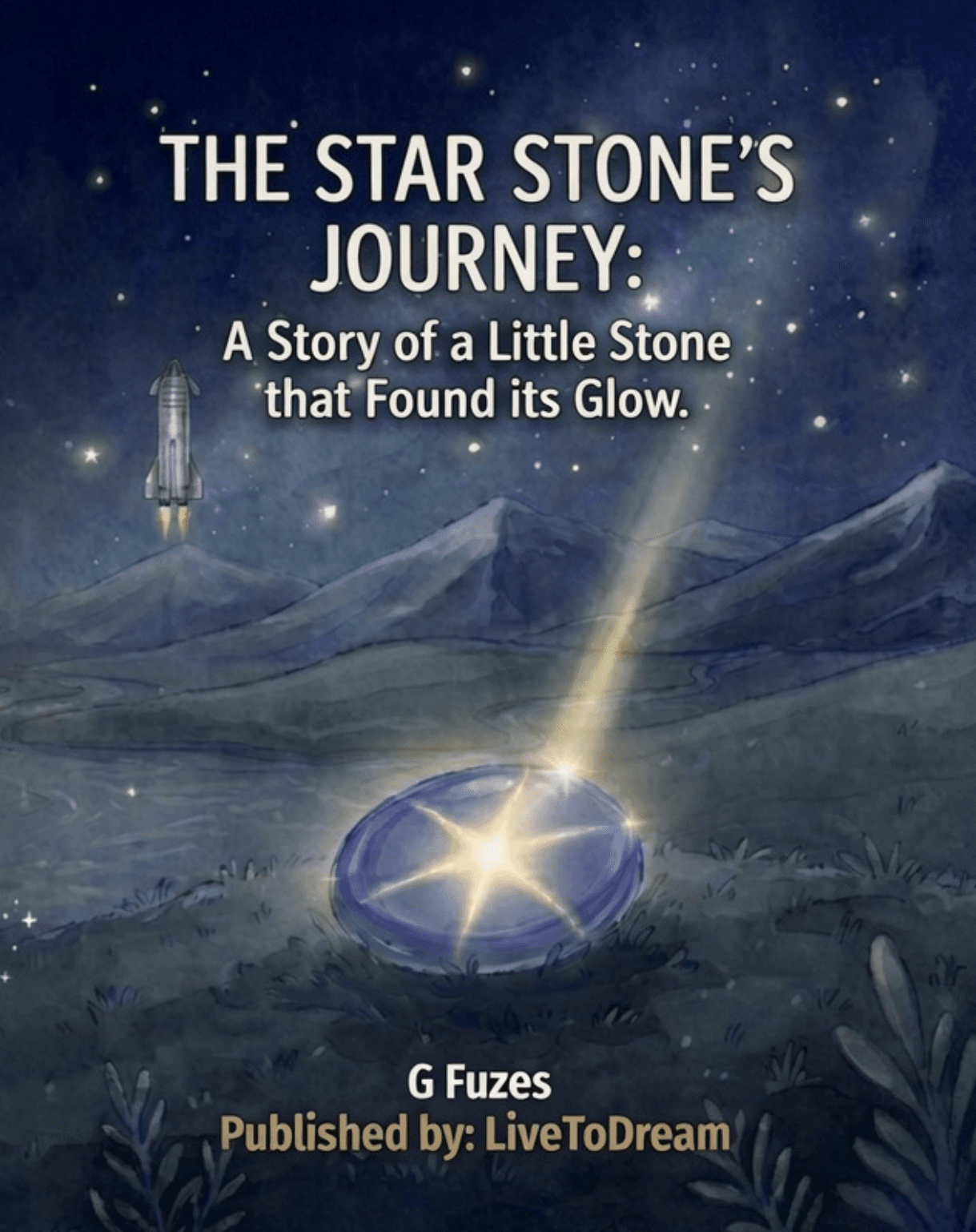 Front cover of The Star Stone's Journey by G Fuzes: a glowing blue stone with a star inside, a night valley, and a small rocket in a starry sky.