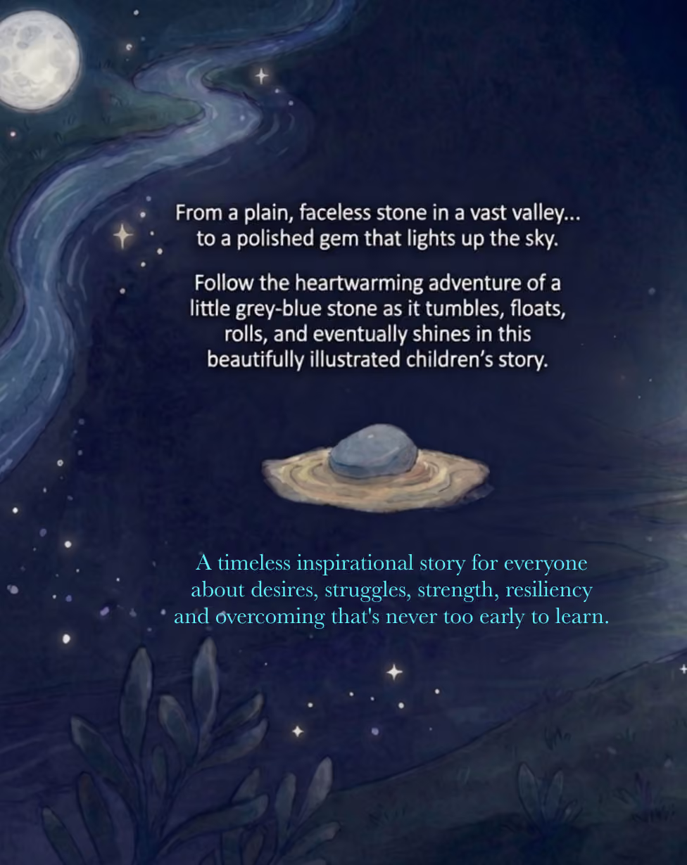 A night watercolor of a moonlit river and a glowing stone, with the book's closing invitation to keep going.