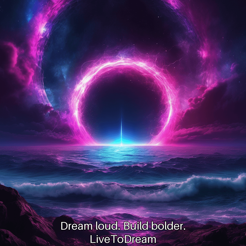 A magenta cosmic portal over a dark ocean. Dream loud. Build bolder. LiveToDream.