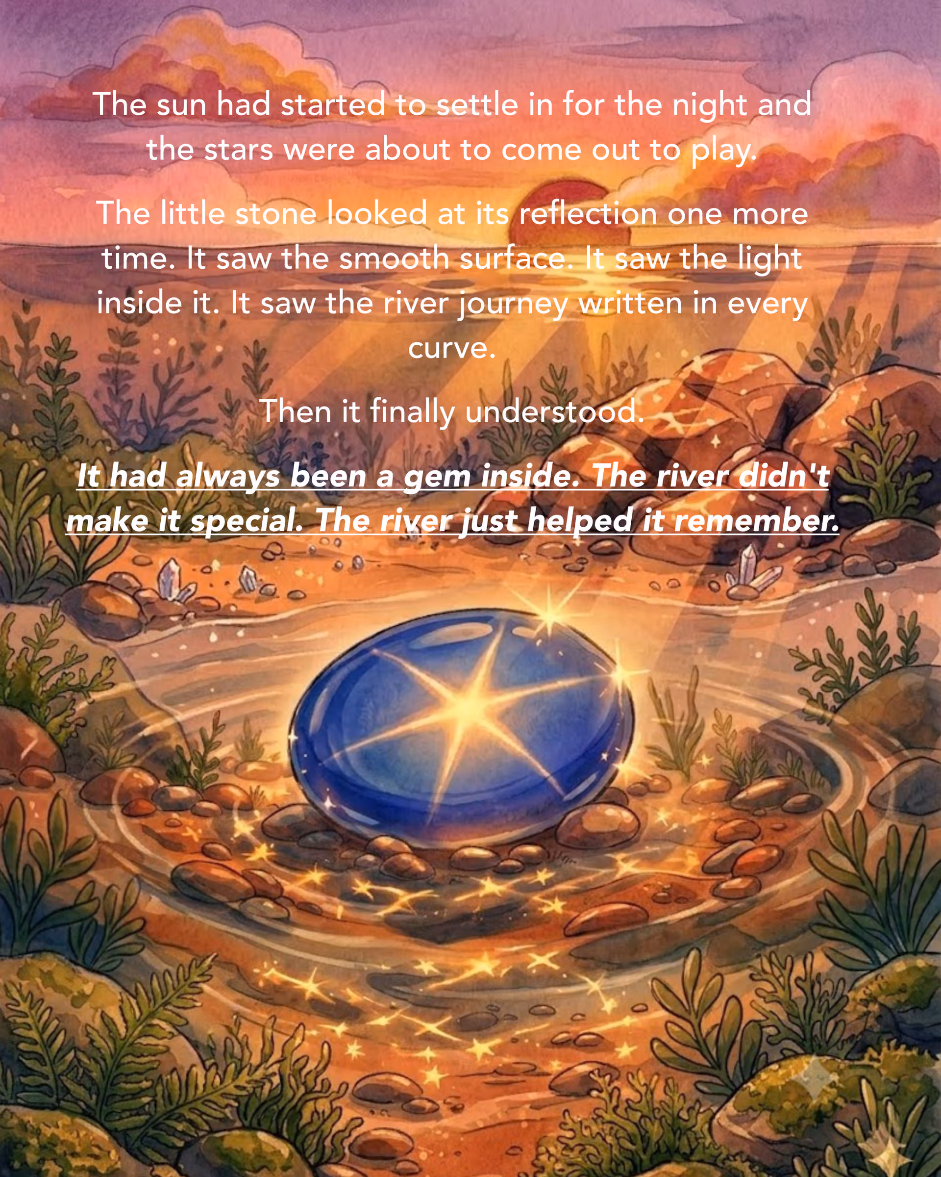 Rising Star journal front cover: a blue star stone in a sunset river, with the line that it had always been a gem inside.